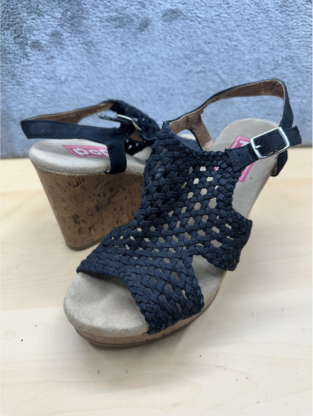 Pop Black Woven Cork Wedge Sandals